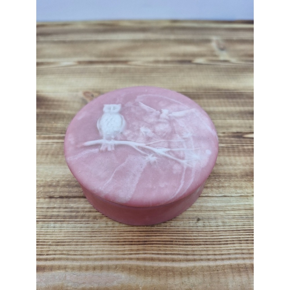 Vtg Owl Jewelry Box Design Gift Intern'l Inco lay Stone Pink White Raised 3.5x2"